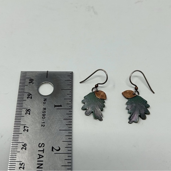 Abstract Green Leaf Dangle Earrings Textured Swirl with 925 Sterling Silver Hook - Picture 5 of 8